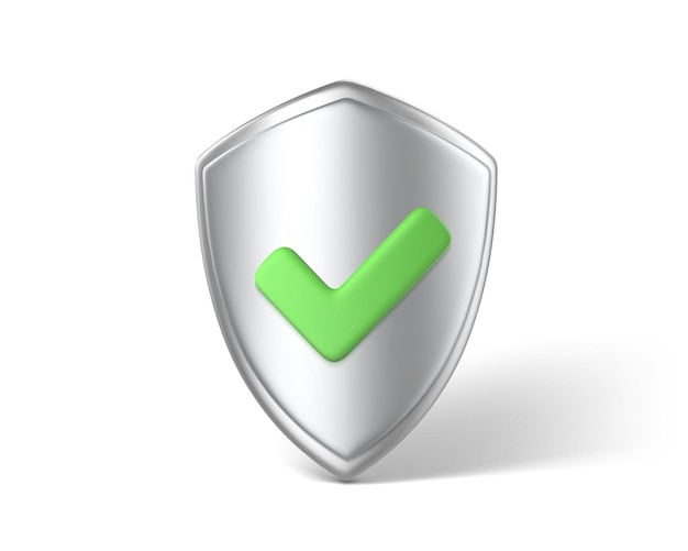 Vector 3d protection metal shield with green checkmark checkmark on shield symbol web security and guarding system concept vector 3d illustration