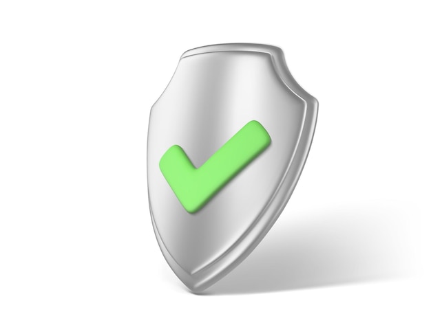 3D protection metal shield with green checkmark Protection concept Checkmark on shield symbol Web security and guarding system Vector 3d Illustration