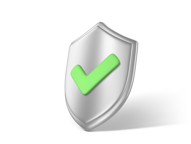 3D protection metal shield with green checkmark Protection concept Checkmark on shield symbol Web security and guarding system Vector 3d Illustration