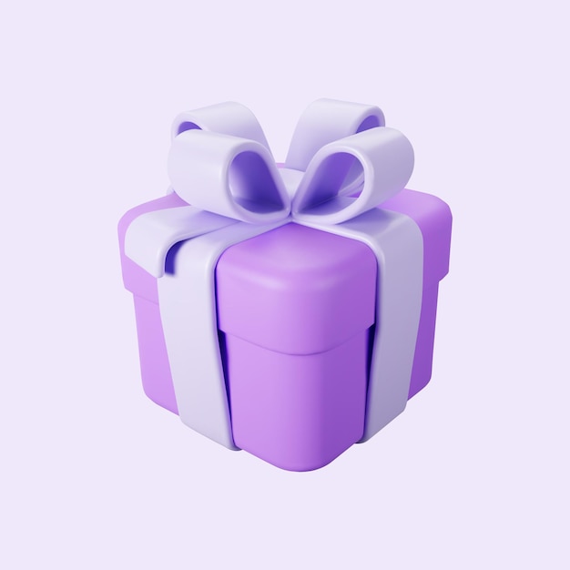 3d purple gift box with pastel ribbon bow isolated on a light background. 3d render flying modern holiday surprise box. Realistic vector icon for present, birthday or wedding banners