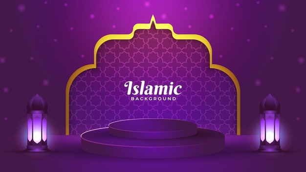 Sfondo islamico di lusso 3d viola e oro con podio decorativo con motivo ornamentale vettore premium