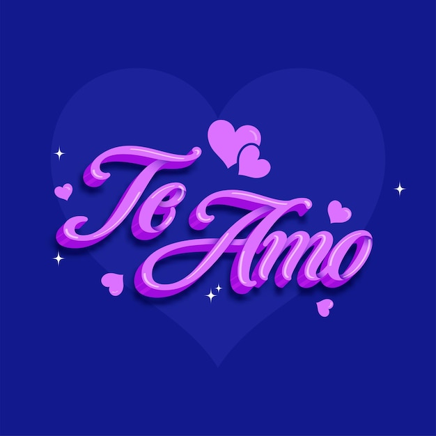 3d purple love you (te amo) font written in spanish language with hearts on blue background.