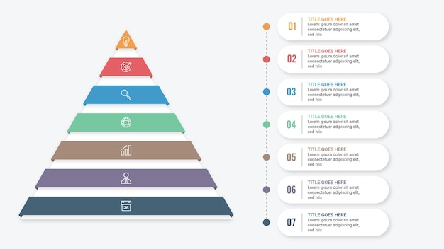 Vettore progettazione del modello di infografica della gerarchia della piramide 3d con 7 strati