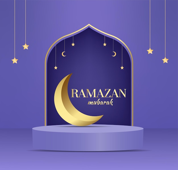 3D Ramadan Kareem banner met een wassende maan en een moskee op een paarse achtergrond.