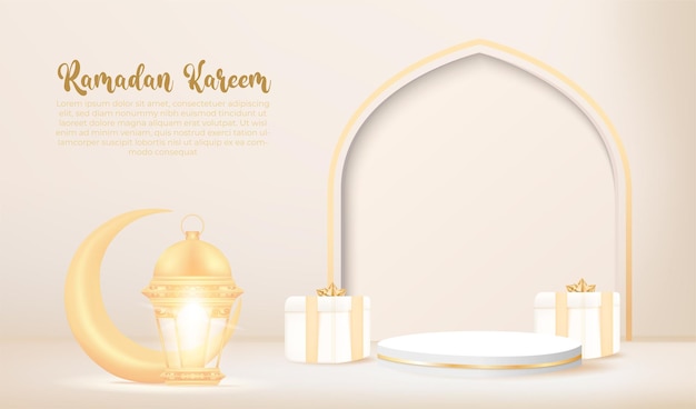 Bandiera di ramadan kareem 3d con lampada dorata e podio