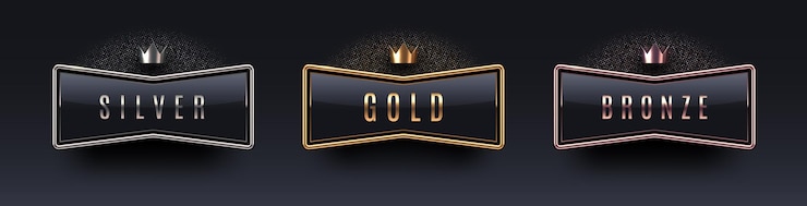 Vector 3d rank award sign with metal frame and crown gold silver and bronze metallic rank sign