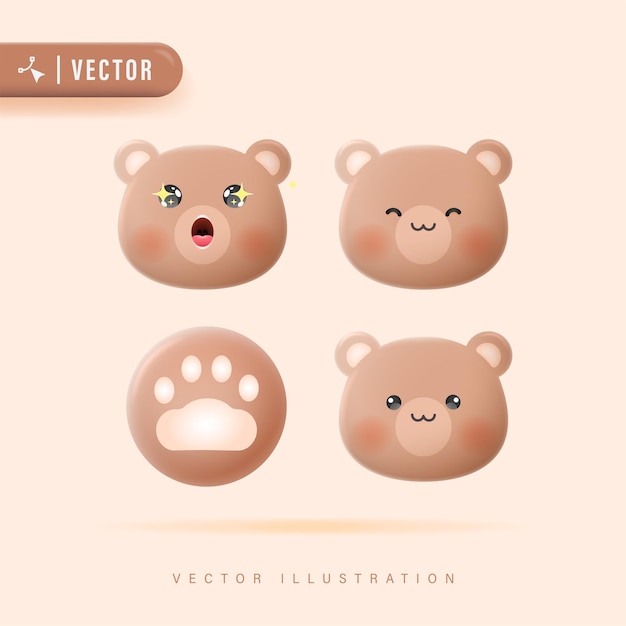 3D Realistic Bear Face Emotions Set with Various Facial Expression Vector Illustration Teddy Bear