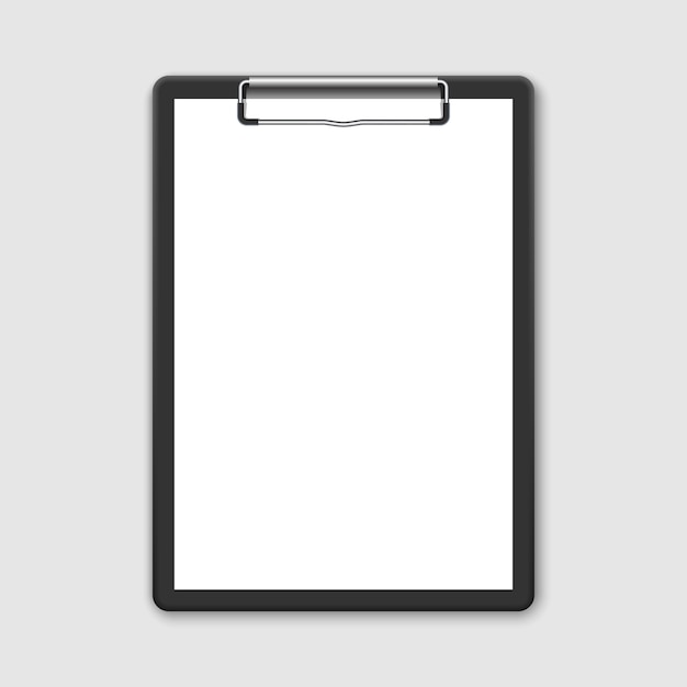 Vector 3d realistic black clipboard with blank white sheet