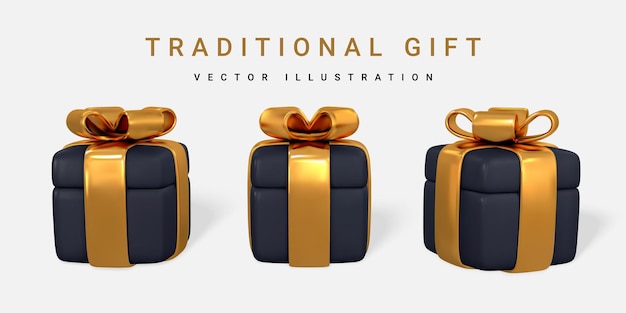 3d realistic black gift box with golden bow paper box with ribbon and shadow isolated on white background vector illustration