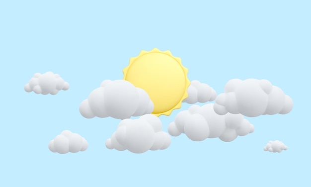 3d realistic blue sky with clouds and sun in cartoon style Vector illustration