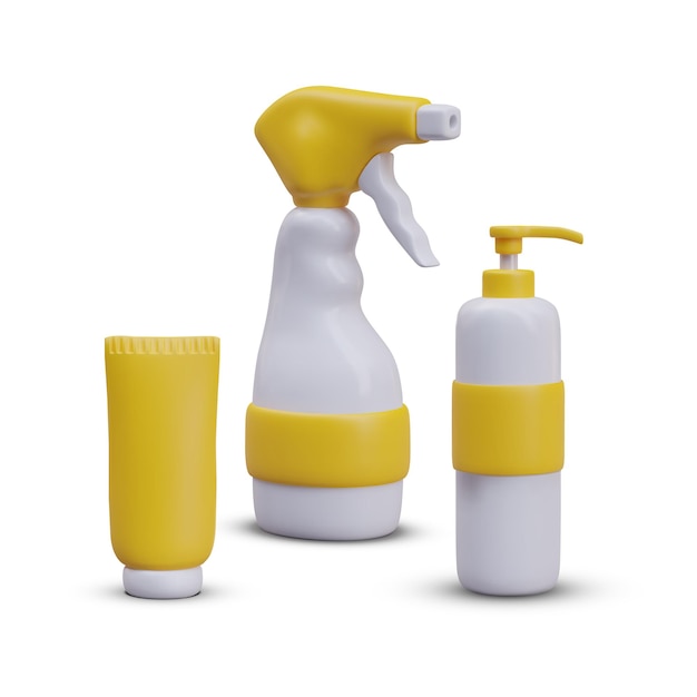 3d realistic bottles with yellow elements plastic bottles of household chemicals