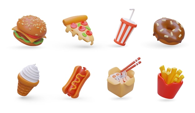 Collezione realistica 3d con diversi prodotti fast food concetto di mangiare pizza o hamburger