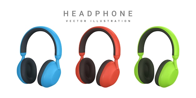 Vector 3d realistic colour headphone in plastic cartoon style vector illustration