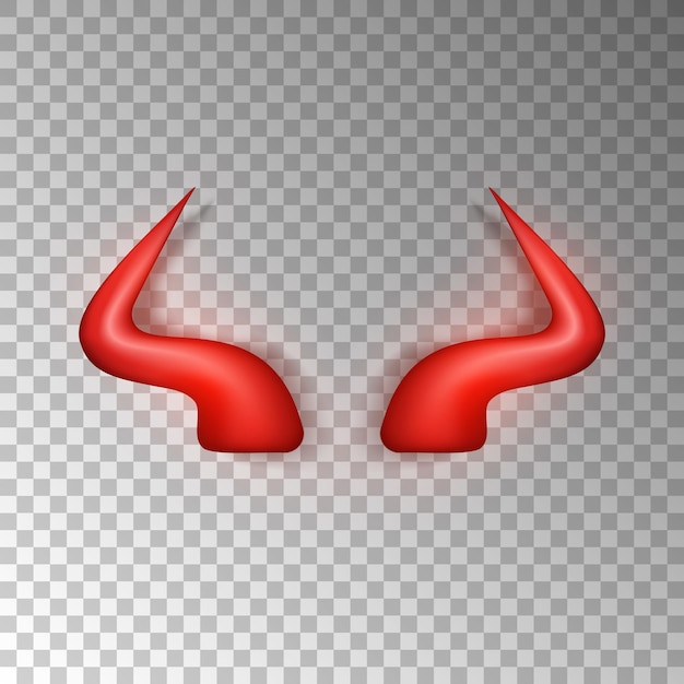 3D realistic devil horns. Red glossy daemon or Satan horns. Halloween carnival element.