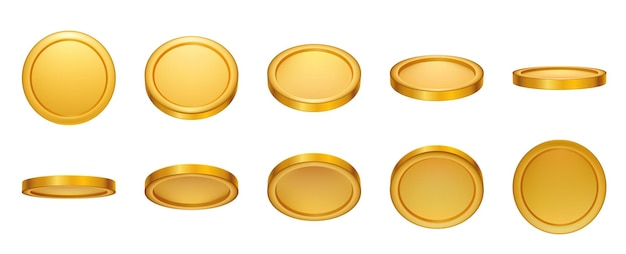 Vector 3d realistic empty gold coin rotating animation money cash for gambling games vector set