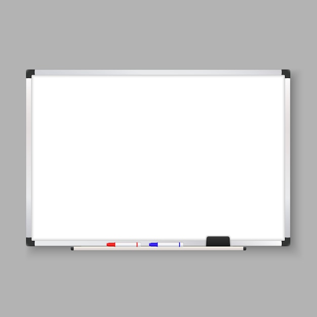 3d realistic empty whiteboard with color markers, white board background