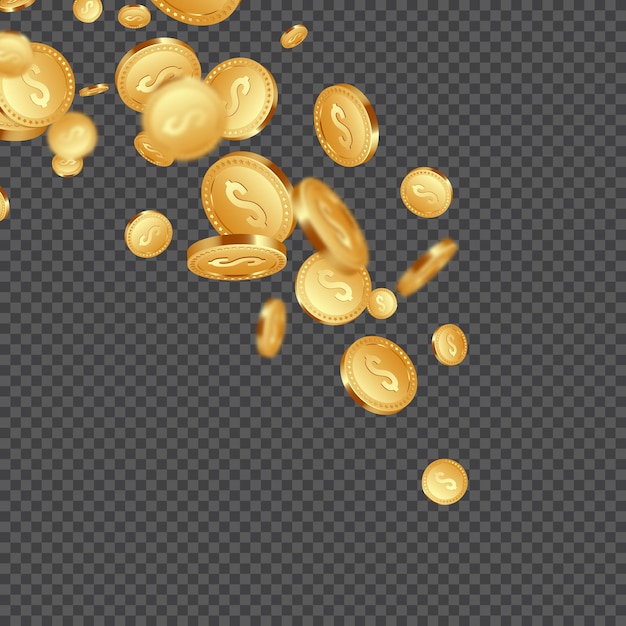 Vector 3d realistic falling golden metallic coins, dollar sign.