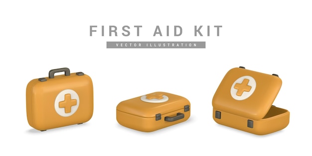 3d realistic first aid kit emergency box in cartoon style Hospital doctor care bag Vector