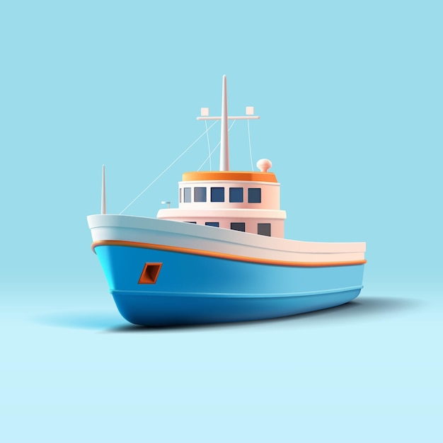 Вектор 3d реалистичная карикатура на рыбацкую лодку иллюстрация судна для рыбалки синего и белого цвета