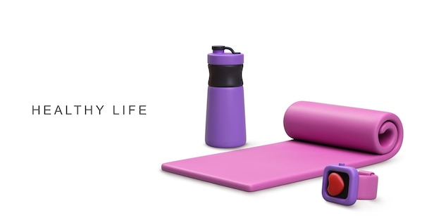 3d realistic fitness bracelet shaker water bottle and yoga mat vector illustration