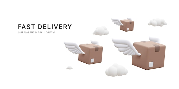 Vector 3d realistic flying cardboard boxes with wings in the clouds fast delivery service concept in cartoon style vector illustration