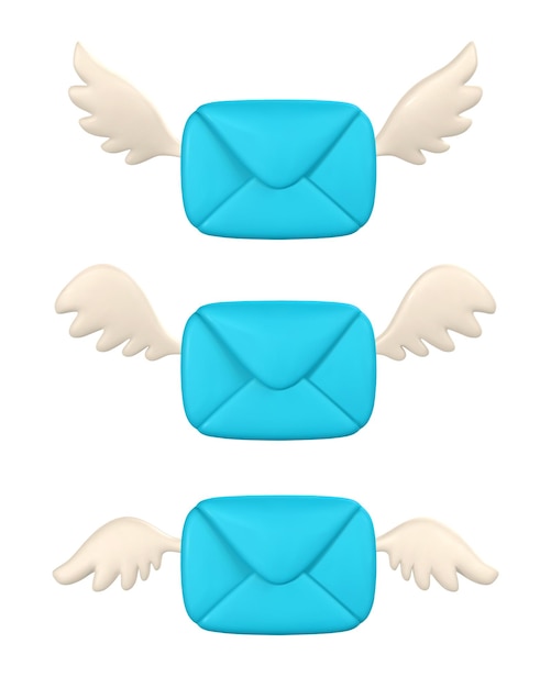 漫画の最小限のスタイルのベクトル図に翼を持つ 3 d のリアルな飛行メールの封筒