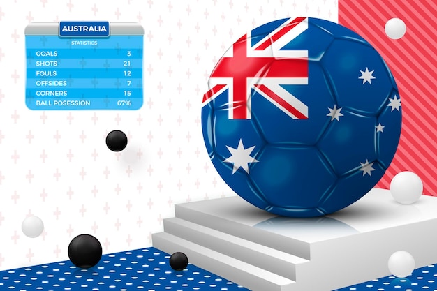 Pallone da calcio realistico 3d con bandiera dell'australia, tabellone segnapunti, isolato nella parete d'angolo