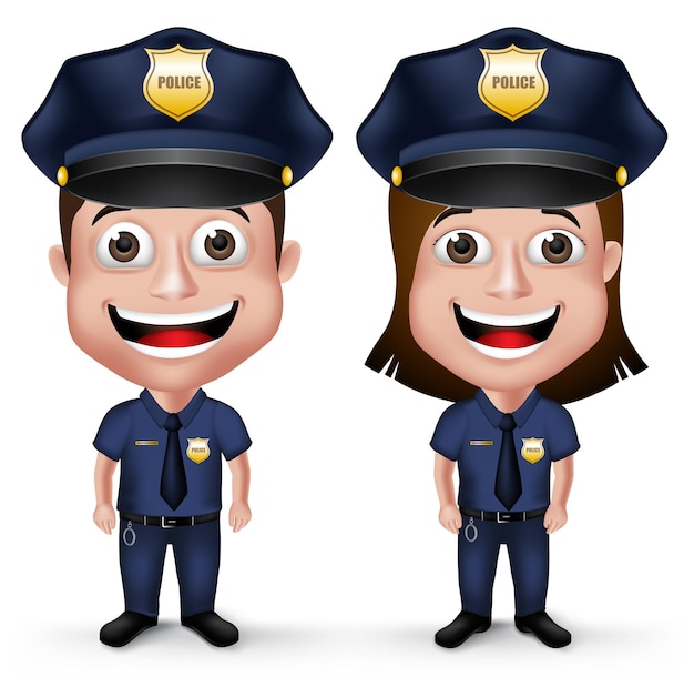 セキュリティのための制服を着た3Dリアルでフレンドリーな警察のキャラクター警官と警官