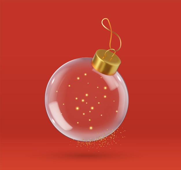 3Dのリアルなガラスのクリスマスボール 3Dのクリスマス装飾 透明なクリスタル球と金色のコンフェッティの輝き 3Dレンダリング ベクトルイラスト
