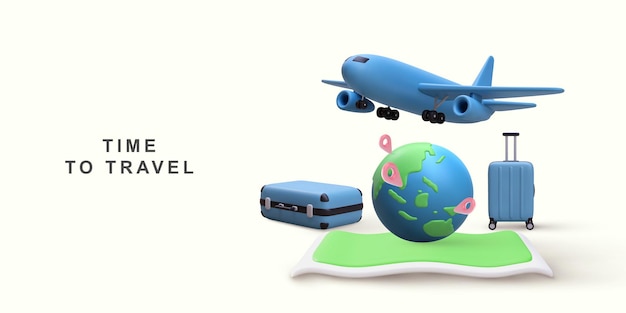 3D realistic globe pin map and suitcase with flight plane travel