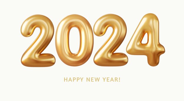 3 d のリアルな金箔風船メリー クリスマスと新年あけましておめでとうございます 2024 グリーティング カード 3 d レンダリング ベクトル図