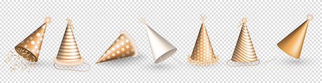 Вектор 3d реалистичные золотые и бежевые шляпы для дня рождения или бумажные шапки для вечеринок в форме конуса с лентами, меховыми луками