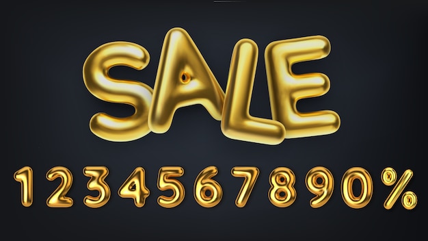 3d realistic golden inscription sale. set off discount promotion sale made of realistic 3d gold balloons. number in the form of golden balloons.