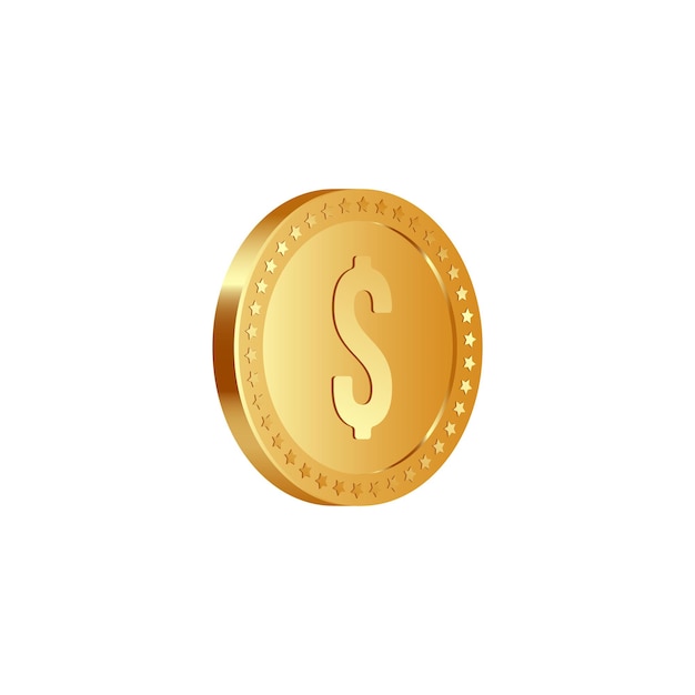 Vector 3d realistic golden metallic dollar coin, with rotate 40 degrees