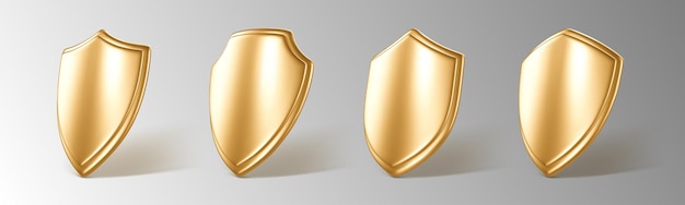 Vector 3d realistic golden shields set concept of secure protection vector 3d illustration