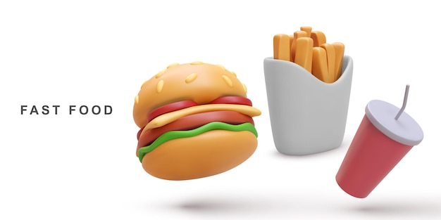 Vector 3d realistic hamburger and soda fries potatoes on white background