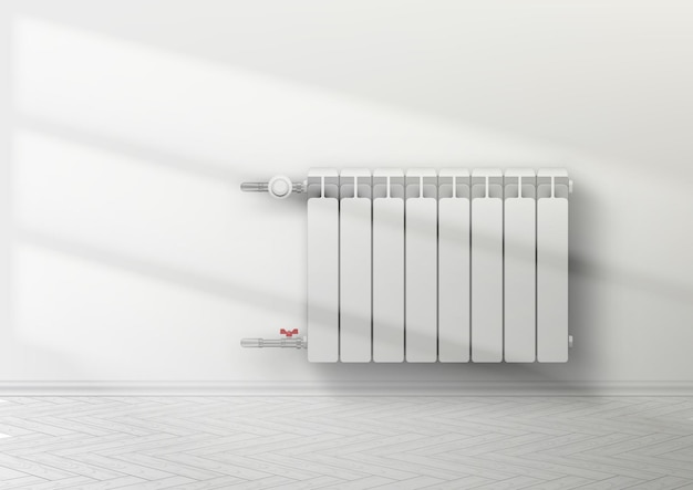 Vector 3d realistic heating radiator on white wall