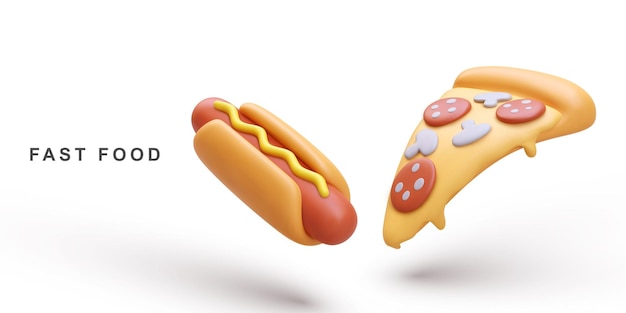 3d realistic Hot Dog and Pizza on white background