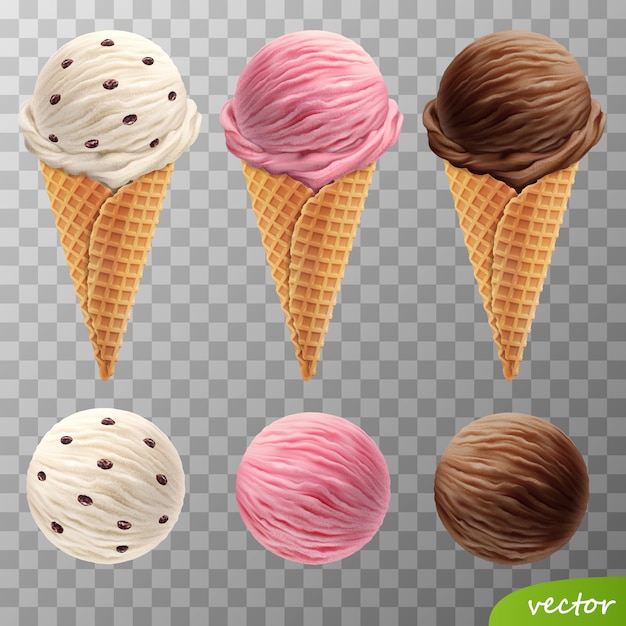 3d realistic ice cream scoops in a waffle cones (with raisins, fruit strawberry, chocolate)