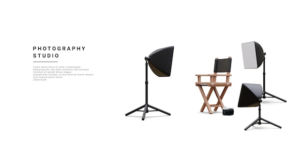 3d реалистичный интерьер современной фотостудии с камерой кресла и профессиональным световым оборудованием Пустая фотостудия с прожекторами Векторная иллюстрация