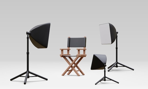 Interni realistici 3d del moderno studio fotografico con sedia e apparecchi di illuminazione professionale studio fotografico vuoto con faretti illustrazione vettoriale