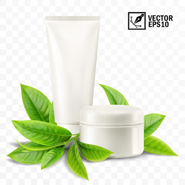 Vector 3d realistic isolated mockup, jar and tube with cosmetic cream, tea or mint leaves