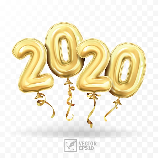 Vector 3d realistic isolated   with gold gel balls as numbers two thousand and twenty balloons