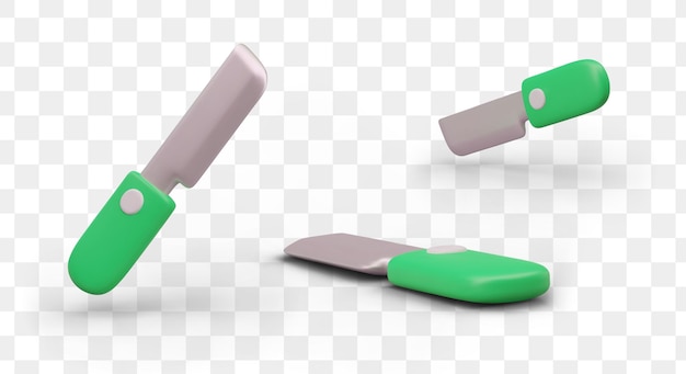 3d realistic knife with green plastic handle in different positions