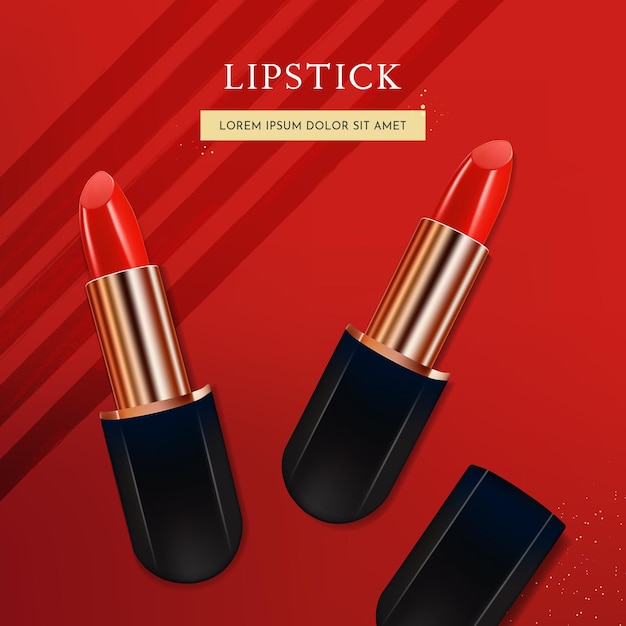 Vector 3d realistic lipstick cosmetic product on red background