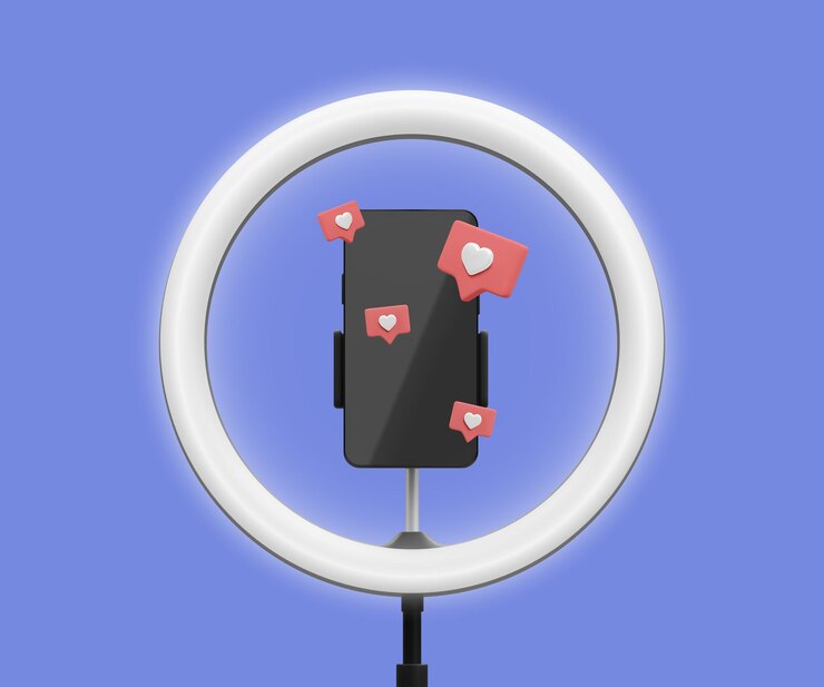वेक्टर 3d realistic live stream concept phone on tripod with light bulb and social icons vector illustration