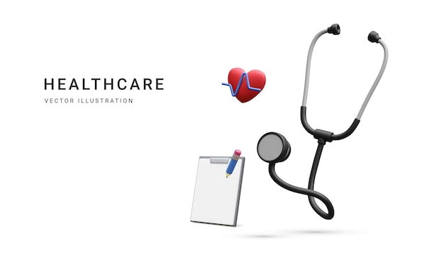 3d реалистичный медицинский стетоскоп с сердцем и документом на белом фоне Онлайн консультация врача и концепция здравоохранения Векторная иллюстрация