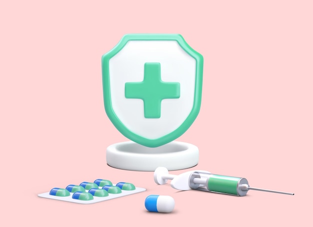 3d realistic medical symbol with green cross blister with pills and syringe