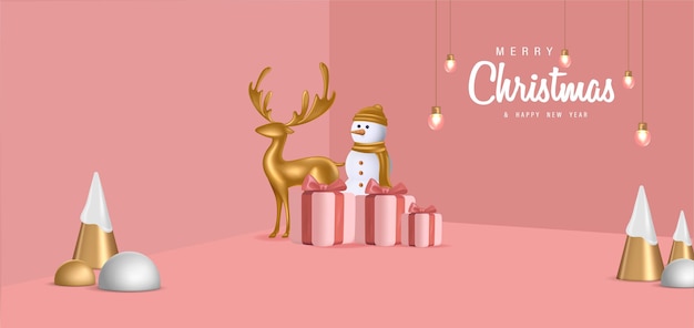 3D Realistic Merry Christmas and Happy New Year Banner with 3D Element Vector Illustration.