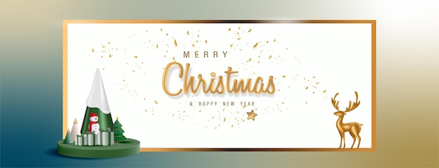 3D Realistic Merry Christmas and Happy New Year Banner with 3D Element Vector Illustration.